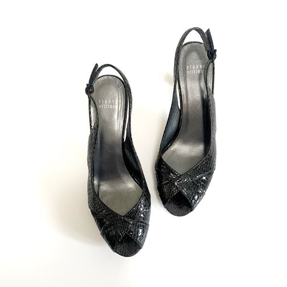 Stuart Weitzman Black Crocodile Leather Slingback Peeptoe Heels - Picture 1 of 10